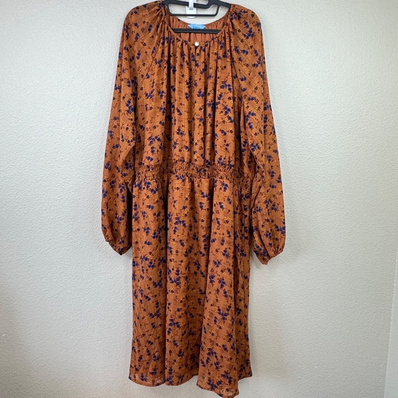 Draper James RSVP Womens Brown Floral LS Smocked Waist Midi Dress Plus 3X 24 26W - Picture 2 of 16